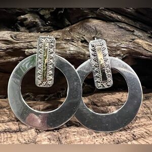 Designer Artisan Two Tone Drop Earrings Gold 22K Silver 925 Disk Circle Hooks